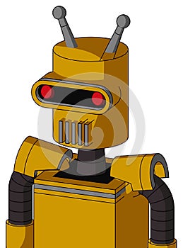 Yellow Robot With Cylinder Head And Vent Mouth And Visor Eye And Double Antenna