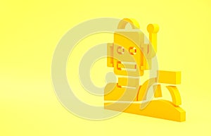 Yellow Robot humanoid driving a car icon isolated on yellow background. Artificial intelligence, machine learning, cloud