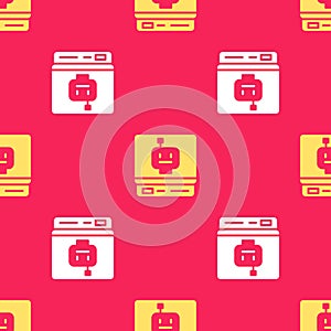 Yellow Robot icon isolated seamless pattern on red background. Artificial intelligence, machine learning, cloud