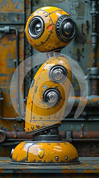 A yellow robot sitting on top of a table in an industrial setting, AI