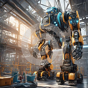 Yellow robot standing at the factory scene