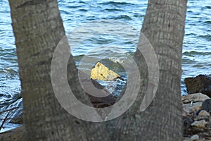 a yellow rock with blue sea and waves