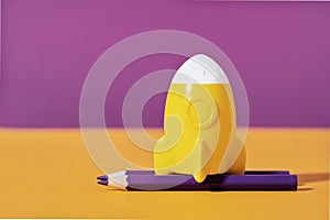 Yellow rocket on purple pencils on violet background