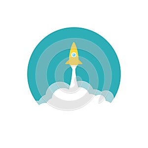 Yellow rocket and white cloud, circle icon in flat