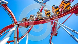 Yellow roller coaster with people inside move fast, high speed