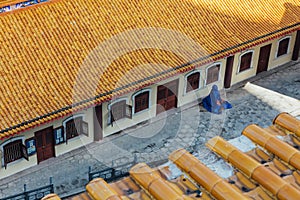 Yellow roof of the temple that view from octagonal pavillion Guanyin statue of Kek Lok Si Temple at George Town. Panang, Malaysia