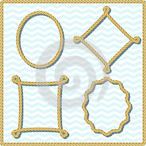 Yellow rope frames with shadows. Set of woven borders with knots and corners. Marine decorative elements.