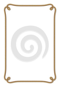 Yellow rope woven vector border with rope knots, vertical vector frame, on white