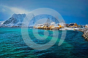 Yellow rorbu houses, Lofoten islands, Norway