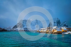 Yellow rorbu houses, Lofoten islands, Norway