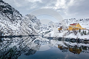 Yellow Rorbuer houses in Lofoten Islands, Northern Norway. Snowy landscape