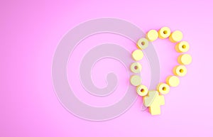 Yellow Rosary beads religion icon isolated on pink background. Minimalism concept. 3d illustration 3D render