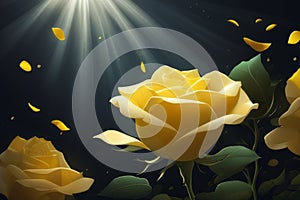 Yellow rose, black background, petals and rays of light