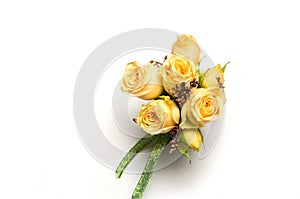 Yellow rose buds and petals on a white background selective