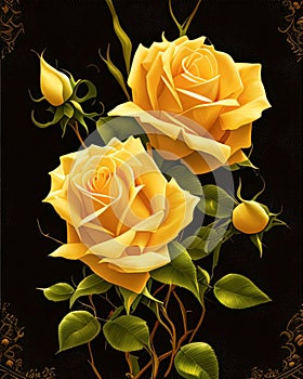 yellow rose close-up with leaves, bright color illustration