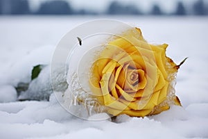 a yellow rose encased in ice, placed on a bed of snow