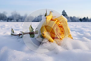 a yellow rose encased in ice, placed on a bed of snow