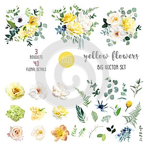 Yellow rose, hydrangea, white peony, lily, anemone, spring garden flowers