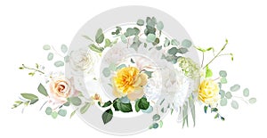 Yellow rose, ivory dahlia, green hydrangea, magnolia, orchid, spring garden flowers, emerald greenery, eucalyptus