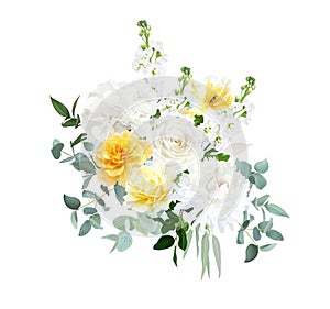 Yellow rose, ivory dahlia, white hydrangea, tulip, matthiola, spring garden flowers