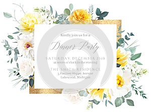 Yellow rose, peony, white lilac, tulip, spring garden flowers, mint eucalyptus, greenery, fern,vector design frame