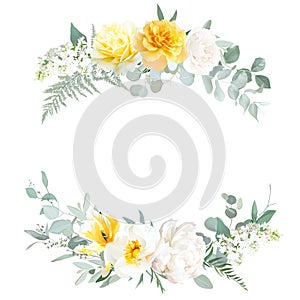 Yellow rose, peony, white lilac, tulip, spring garden flowers, mint eucalyptus, greenery, fern,vector design frame