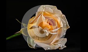 a yellow rose with water droplets on it\'s petals and a green stem on a black background with water droplets on it\'s