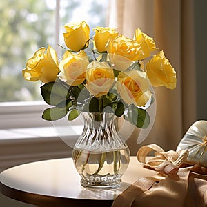 yellow roses in glass vase on window side