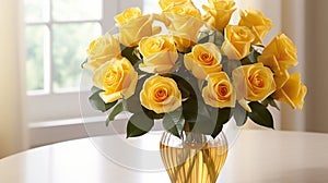 yellow roses in glass vase on window side