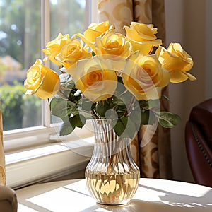 yellow roses in glass vase on window side