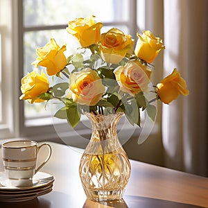 yellow roses in glass vase on window side