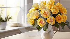 yellow roses in glass vase on window side