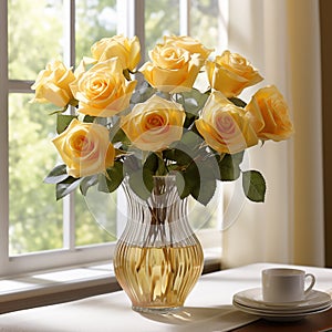 yellow roses in glass vase on window side