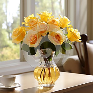 yellow roses in glass vase on window side