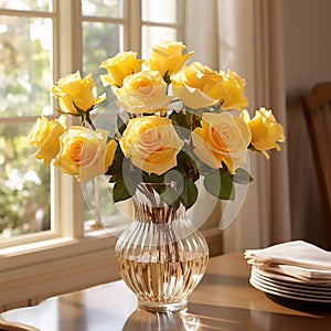 yellow roses in glass vase on window side