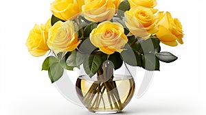 yellow roses in glass vase on window side