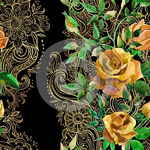 Yellow roses on golden ornament. Seamless pattern