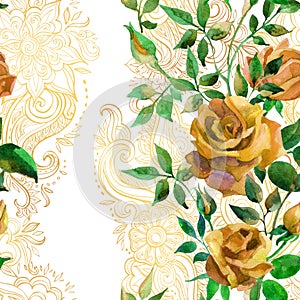 Yellow roses on golden ornament. Seamless pattern