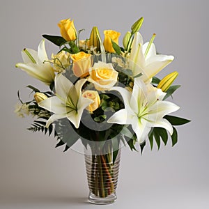 Yellow Roses And Lilies In A Soft Focal Point Vase