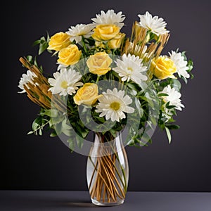 Yellow Roses And White Daisies In A Clear Vase - Floral Arrangement