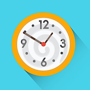 Yellow round clock on blue background. Flat vector icon with long shadow