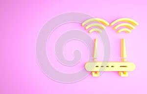 Yellow Router and wi-fi signal icon isolated on pink background. Wireless ethernet modem router. Computer technology