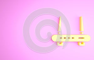 Yellow Router and wi-fi signal icon isolated on pink background. Wireless ethernet modem router. Computer technology