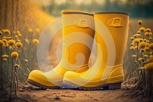 Yellow rubber boots with beautiful yellow field flowers in garden. Generative AI
