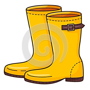 Yellow rubber boots with a strap. Footwear.. Design element with outline. The theme of winter, autumn. Doodle, hand