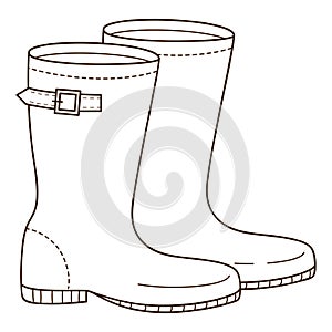 Yellow rubber boots with a strap. Footwear.. Design element with outline. The theme of winter, autumn. Doodle, hand-drawn. Black