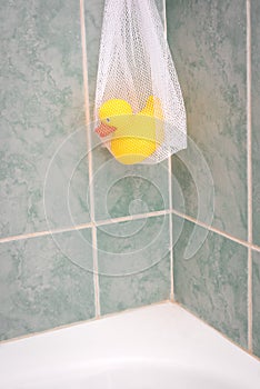 Yellow rubber duck in the bathroom