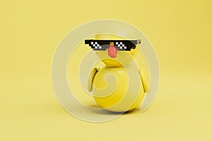 yellow rubber duck in black pixel glasses on a yellow background. 3D render