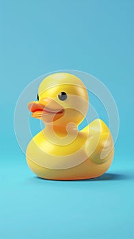 Yellow rubber duck on blue background. 3d render vertical