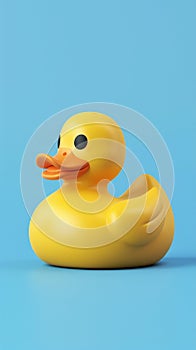 Yellow rubber duck on blue background. 3d render vertical